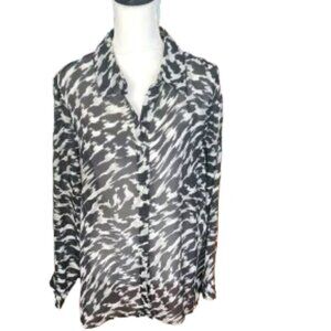 Susan Graver Style Sheer Animal Black Tan Print Long Sleeved Blouse Size Medium